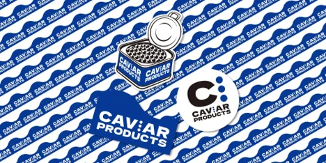 「CAVIAR PRODUCTS」という文字とキャビアの缶をモチーフにしたロゴが複数配置されたデザイン画像