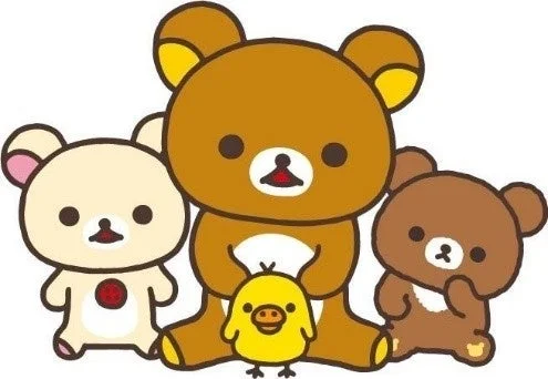 リラックマ、コリラックマ、チャイロイコグマ、キイロイトリのイラスト