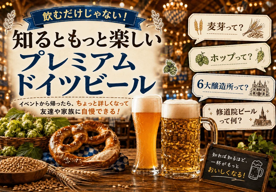 ドイツビールに関する知識を深めることで、より一層楽しめることを提案する広告画像です。