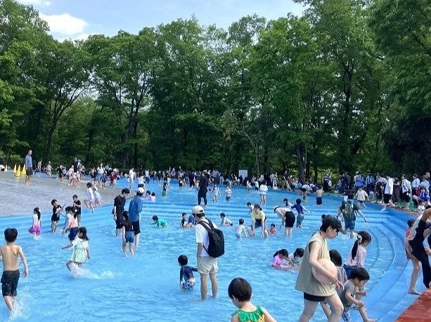 緑豊かな公園の屋外プールで、多くの子供たちと家族が水遊びを楽しんでいる賑やかな夏の風景です。皆が笑顔で涼しげに過ごしています。