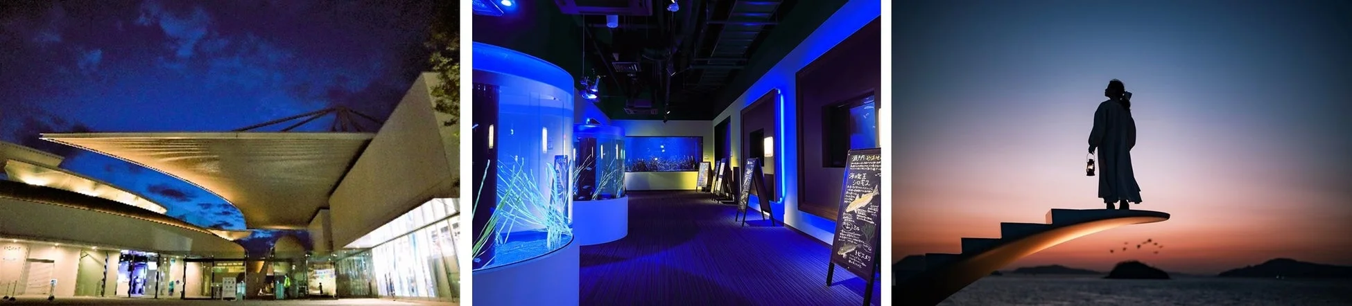 青い光に満ちた水族館の展示風景、そして夕焼けの海へ続く幻想的な階段にランタンを持つ人物のシルエット