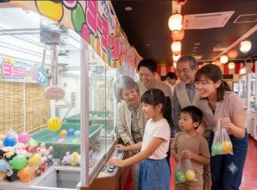 家族三世代がクレーンゲームを楽しむ様子